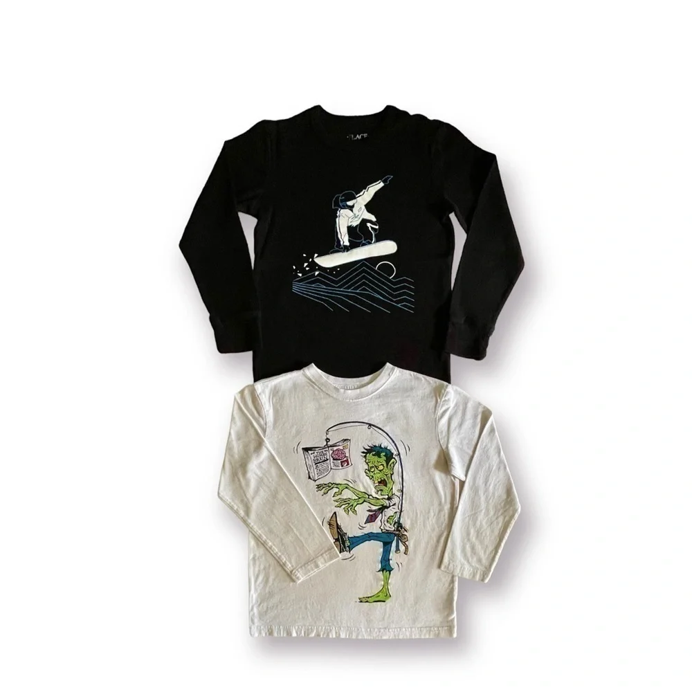 CHILDRENS PLACE, BOYS BLACK THERMAL & WHITE FRANKENSTEIN T-SHIRTS. SIZE M(7/8).